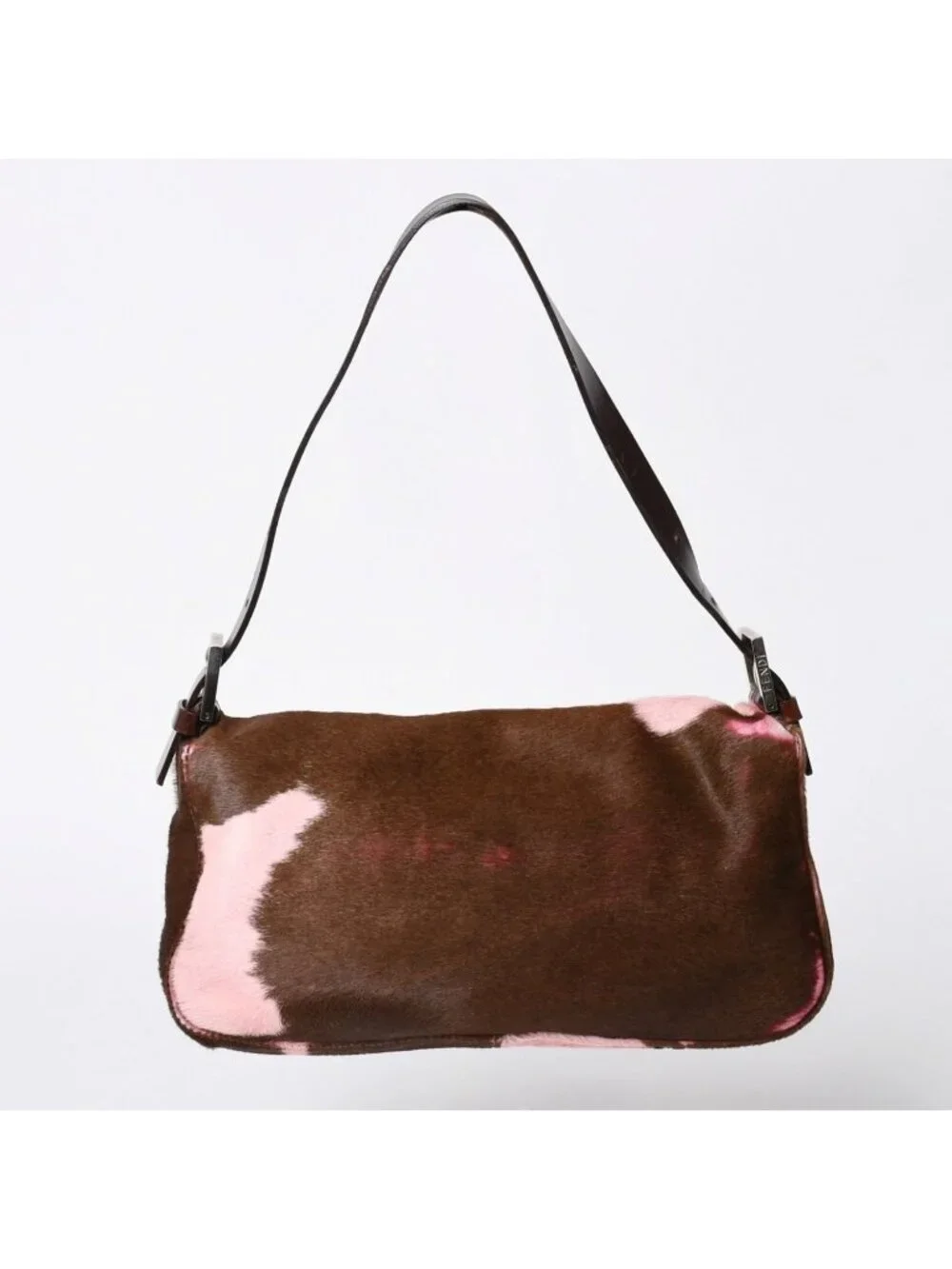 Fendi Mamma Baguette Calf Hair Leather Shoulder Bag Pink Brown Silver
